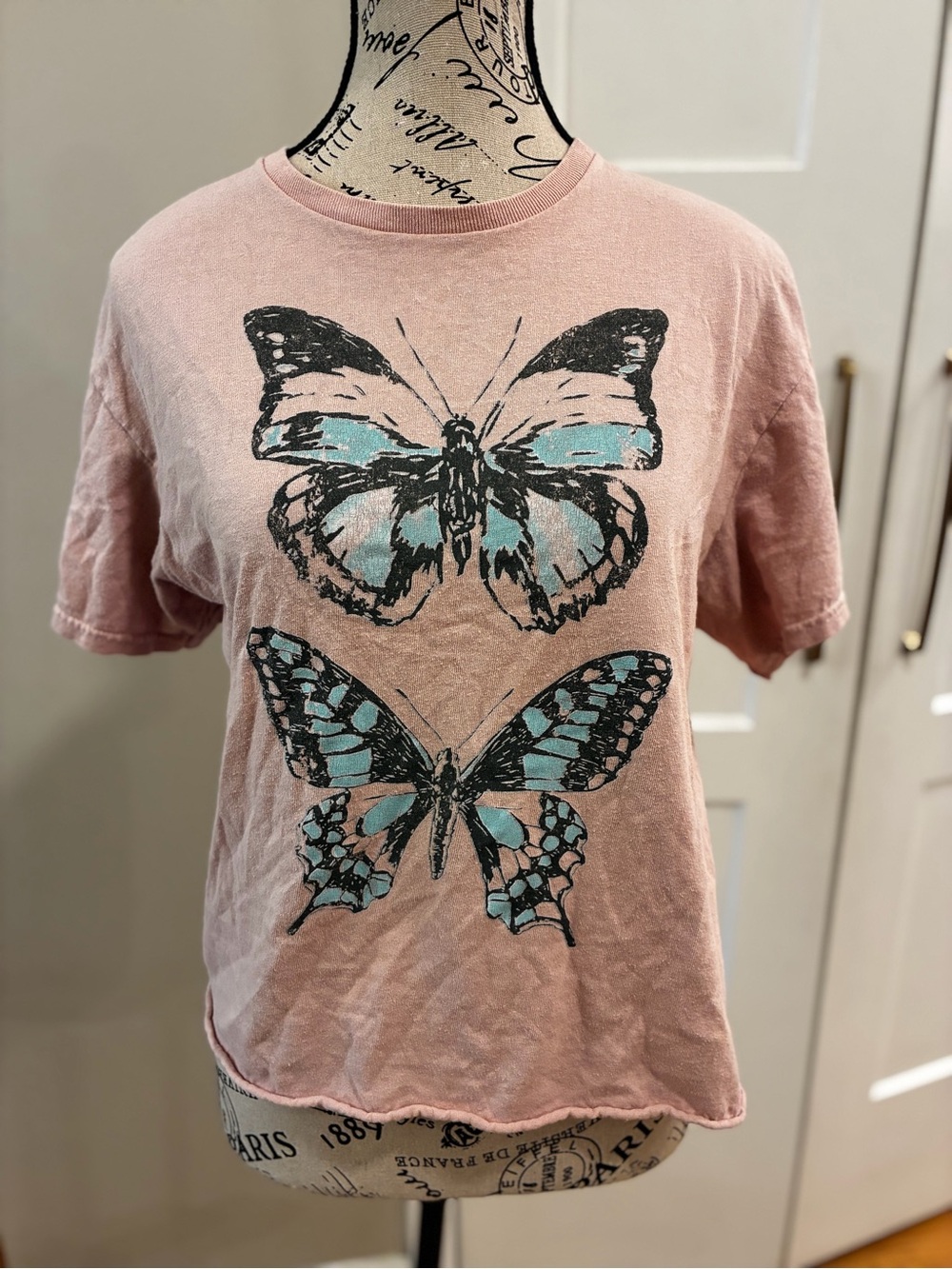 Mighty Fine Pink Tee with Blue Butterfly Graphic